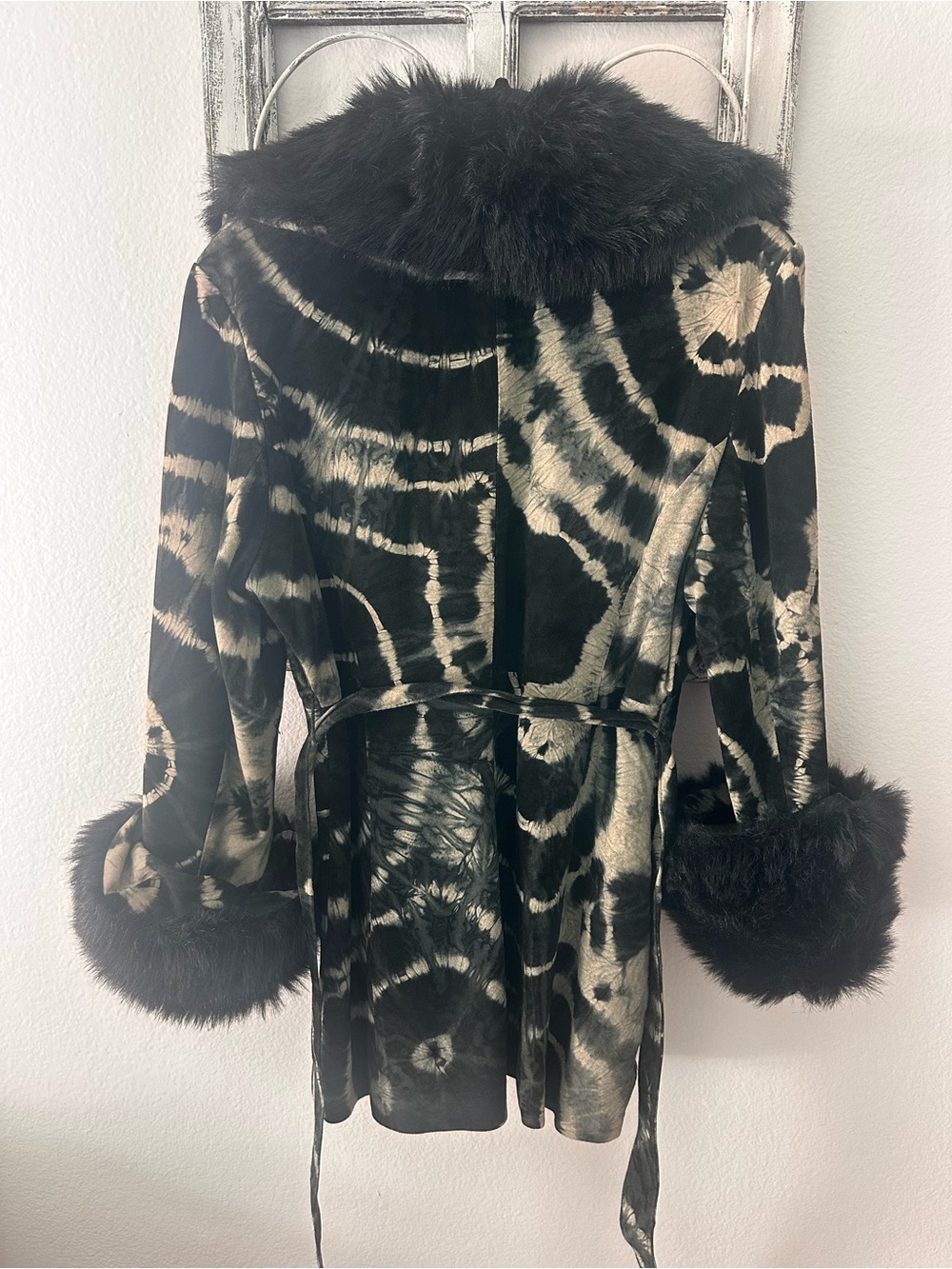 Suede Coat with Black Tie-Dye Faux Fur Trim